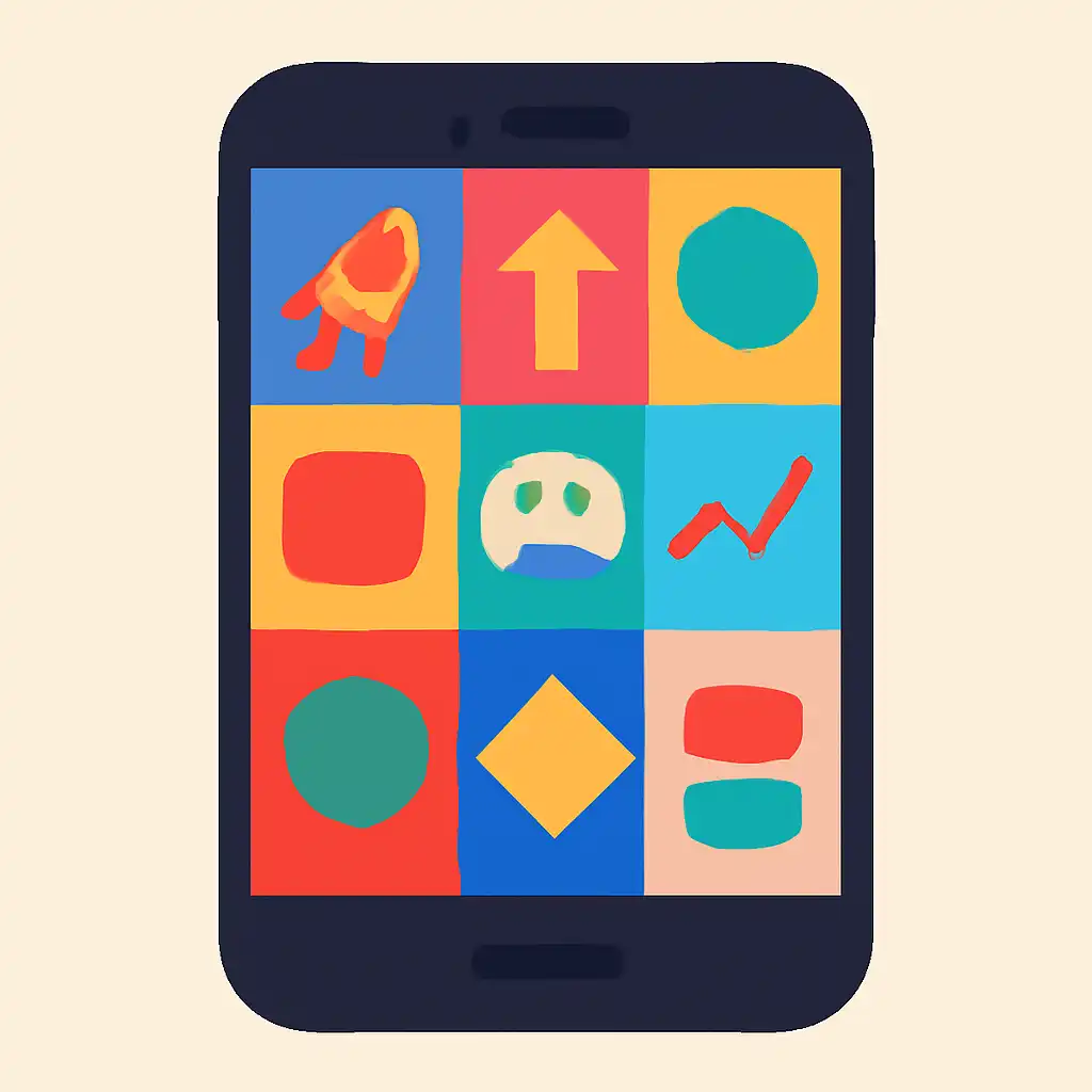 Smartphone shown from the front displaying a colourful flat layout of abstract game icons and rounded tiles, Crash Game