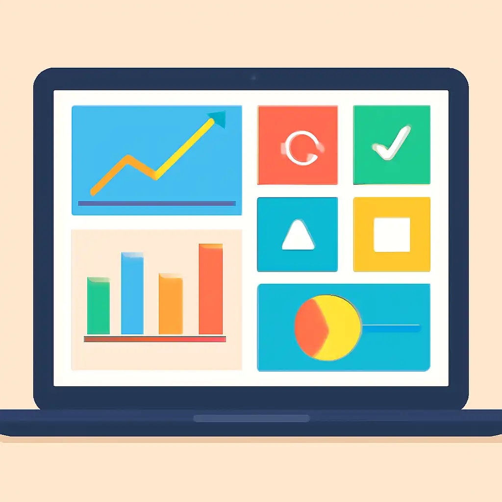 Laptop shown from the front displaying a colourful flat dashboard of abstract charts, bars and icon tiles, Crash Game