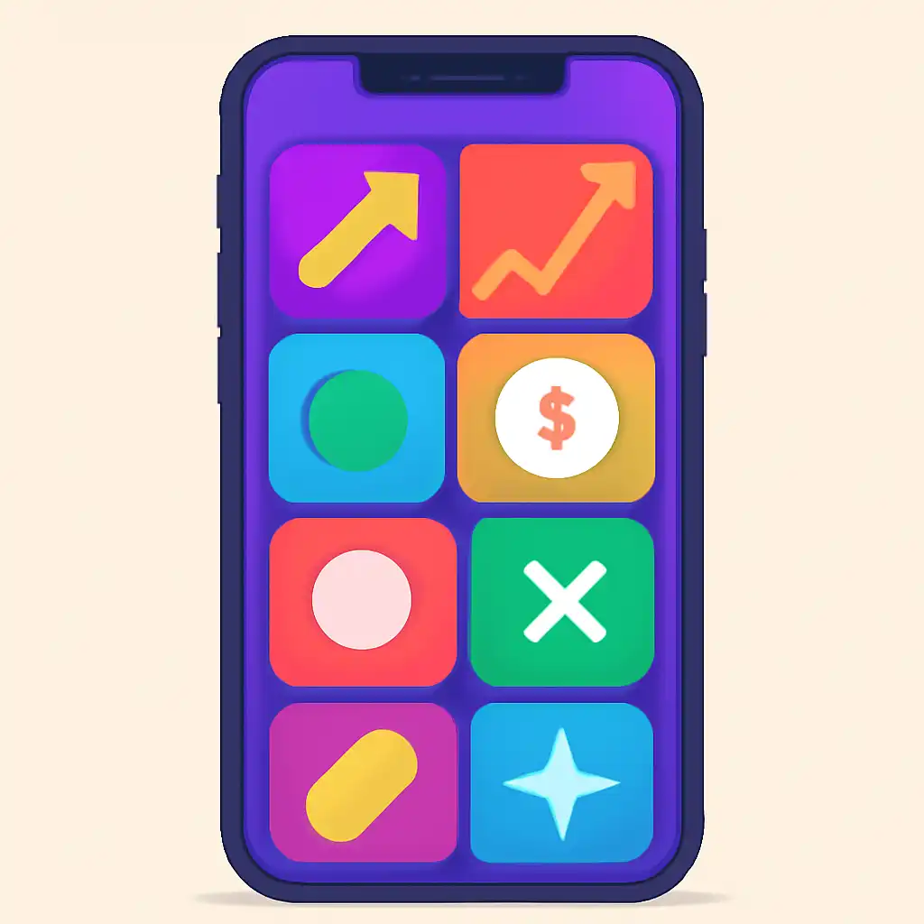 Smartphone shown from the front displaying a colourful flat layout of abstract game icons and rounded tiles, Crash Game
