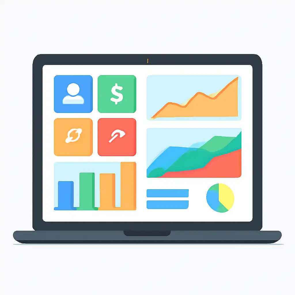 Laptop shown from the front displaying a colourful flat dashboard of abstract charts, bars and icon tiles, Crash Game