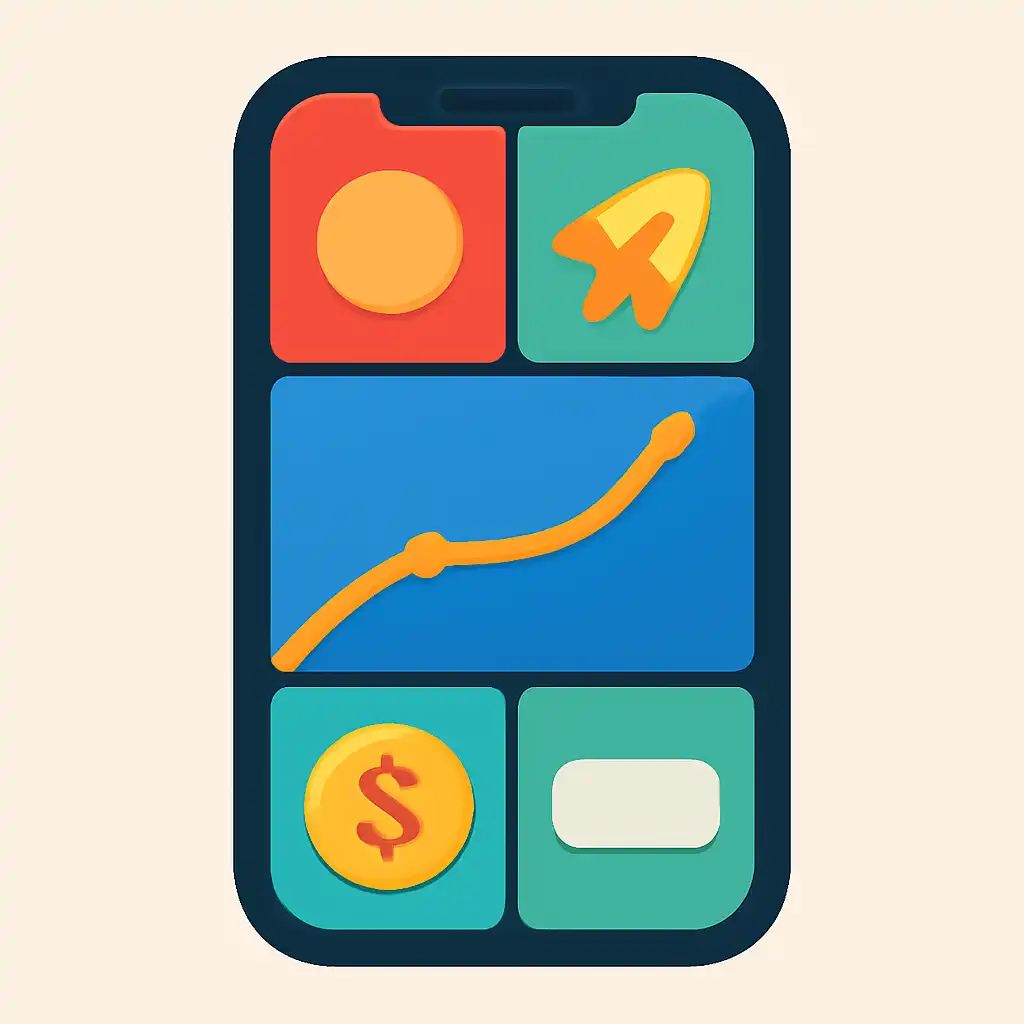 Smartphone shown from the front displaying a colourful flat layout of abstract game icons and rounded tiles, How Crash Game