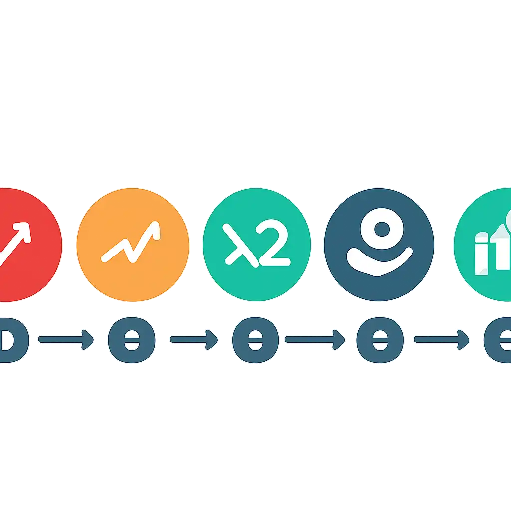 Five numbered circular icons connected by arrows in a horizontal flow, How Crash Game Works: The Multiplier and the