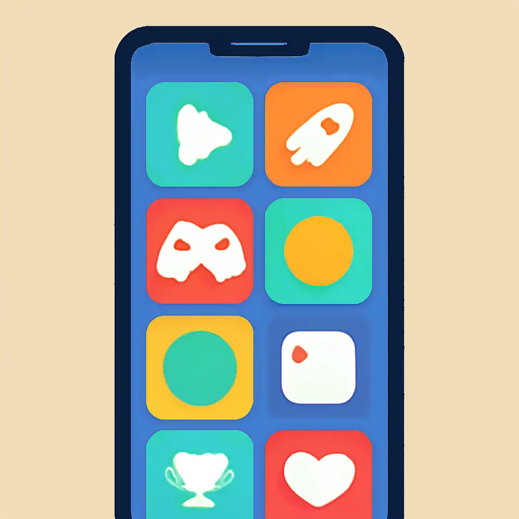 Smartphone shown from the front displaying a colourful flat layout of abstract game icons and rounded tiles, Where to Play