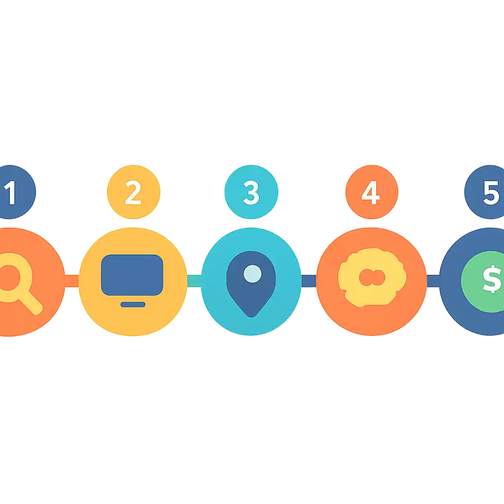 Five numbered circular icons connected by arrows in a horizontal flow, Where to Play Crash Game in India steps