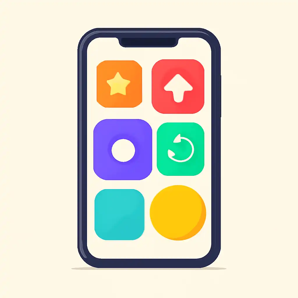 Smartphone shown from the front displaying a colourful flat layout of abstract game icons and rounded tiles, Is Crash Game