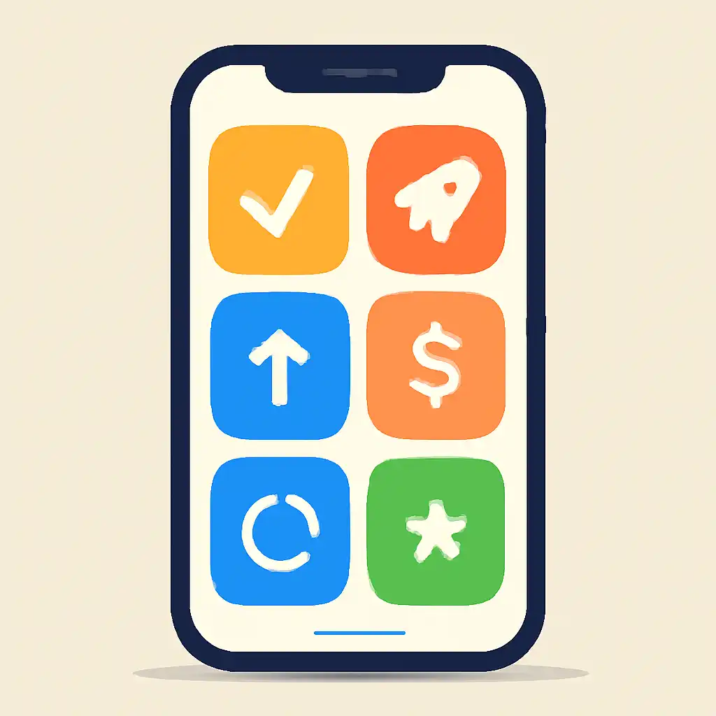 Smartphone shown from the front displaying a colourful flat layout of abstract game icons and rounded tiles, Crash Game