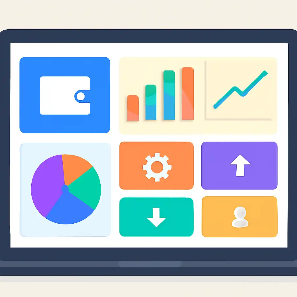 Laptop shown from the front displaying a colourful flat dashboard of abstract charts, bars and icon tiles, Crash Game